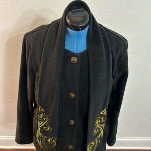 Bob Mackie black fleece jacket with gold embroidery.